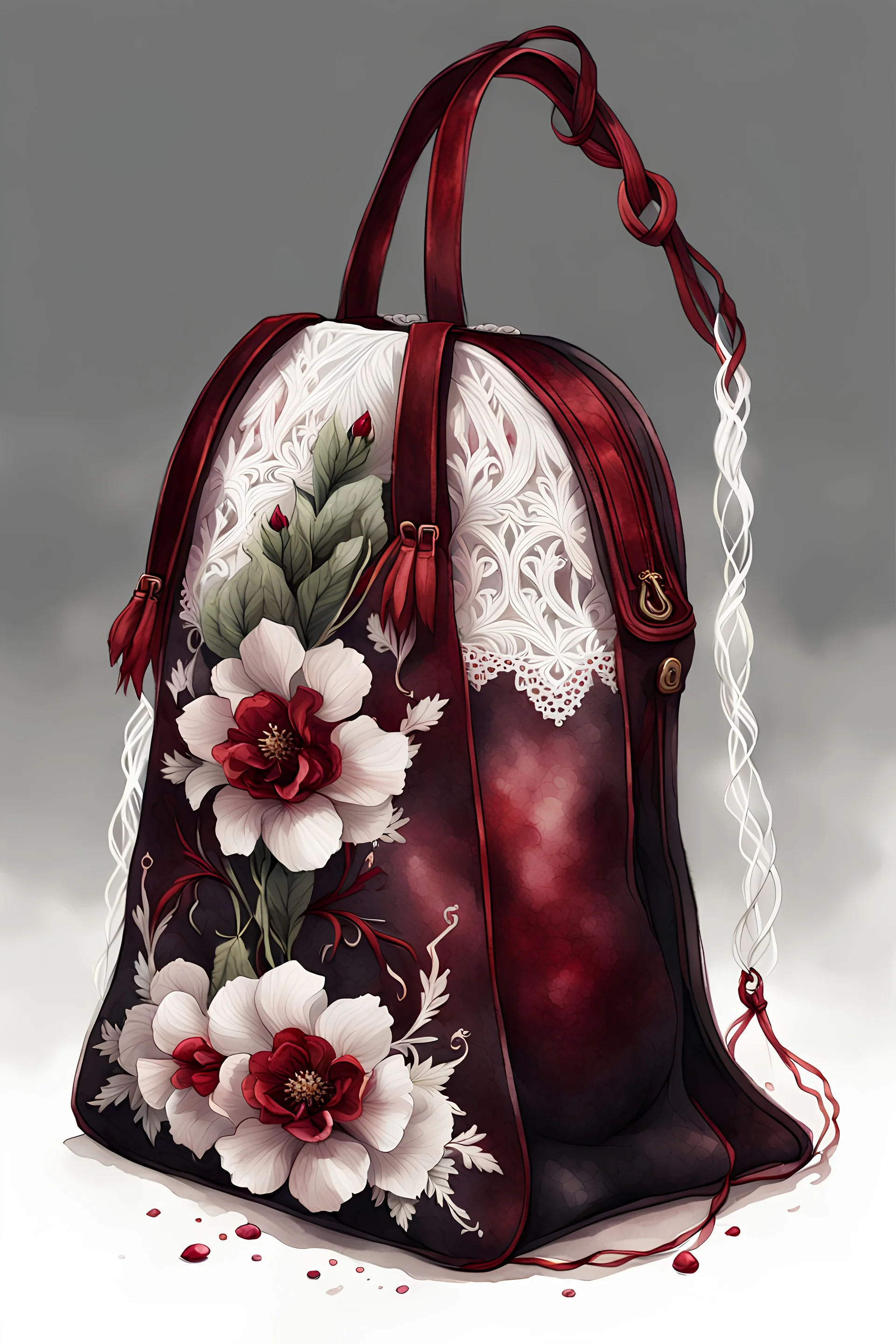 watercolor gothic vintage string bag, dark red with flowers, white lace and rubies, white background, Trending on Artstation, {creative commons}, fanart, AIart, {Woolitize}, by Charlie Bowater, Illustration, Color Grading, Filmic, Nikon D750, Brenizer Method, Side-View, Perspective, Depth of Field, Field of View, F/2.8, Lens Flare, Tonal Colors, 8K, Full-HD, ProPhoto RGB, Perfectionism, Rim Lighting, Natural Lightin