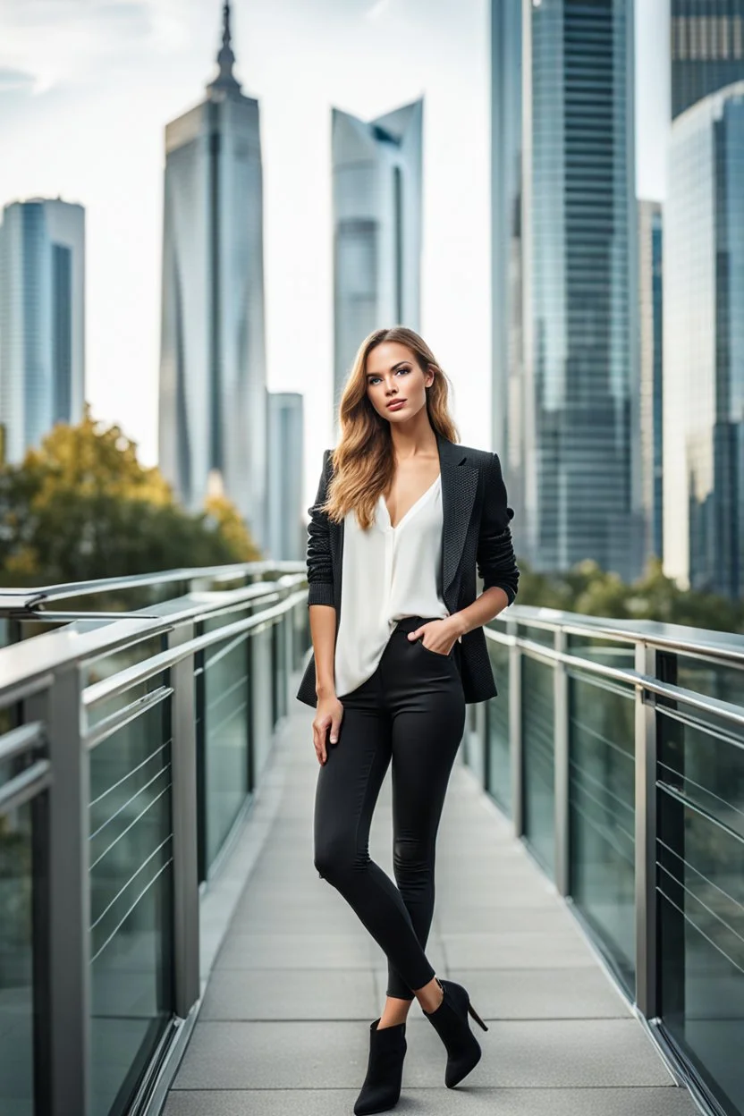 Full-body shot of a young, beautiful German girl with a perfect face and makeup, standing in a modern cityscape with skyscrapers.