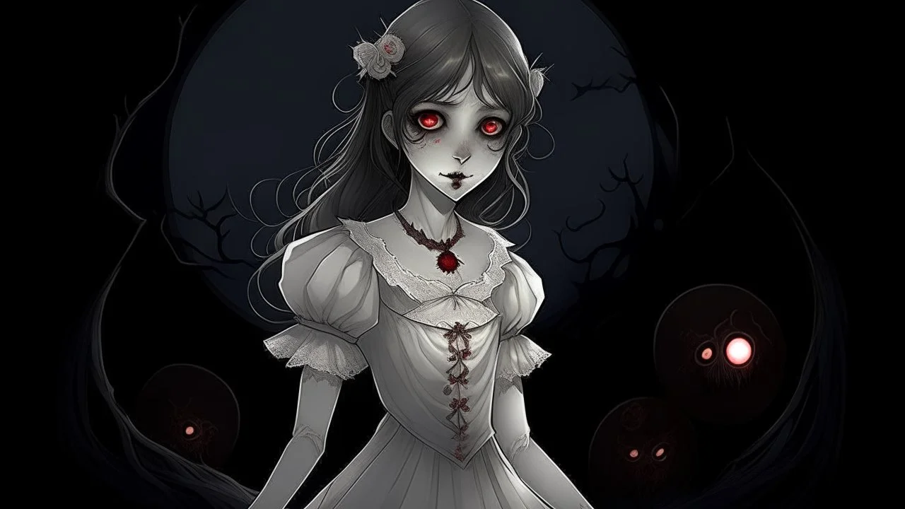 comix style, In the pallid moonlight, a peculiar girl appears - a vampire, her skin a haunting shade of spectral grey, as if she herself were wrought from the lonely heart of a forsaken moon. Cruel rubies are set into her eyes, glowing with ominous liveliness against her lifeless pallor. Blood, a sinister accompaniment to her form, the colour of garnet, seems to drip off her like a macabre jewel, casting a chilling aura of dangerous enchantment about her.