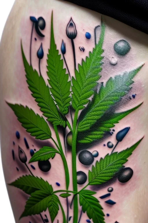 Weed and mushroom, calf tattoo design, highly detailed close up shot, 8k, HDR, clear picture, highly detailed, high resolution