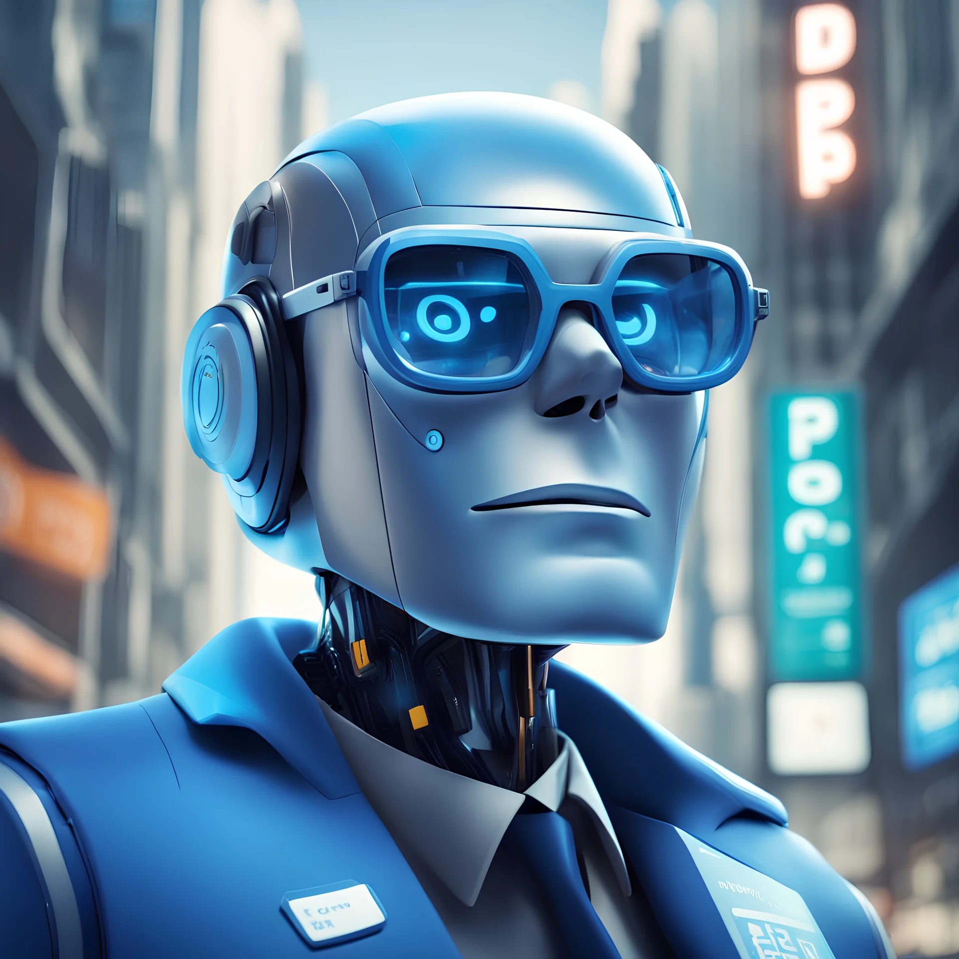 tram conductor agent hero helpful robot in blue with futuristic glasses and white text "DPO" hading out tram tickets