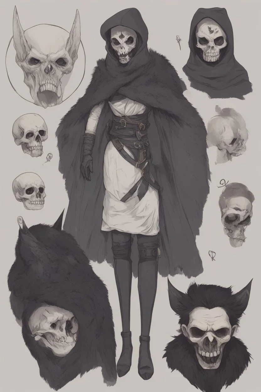 A dnd character sheet. A woman dressed for the cold north dressed in dark furs, with black hair. Death cleric wearing a mask with a skull, female woman girl