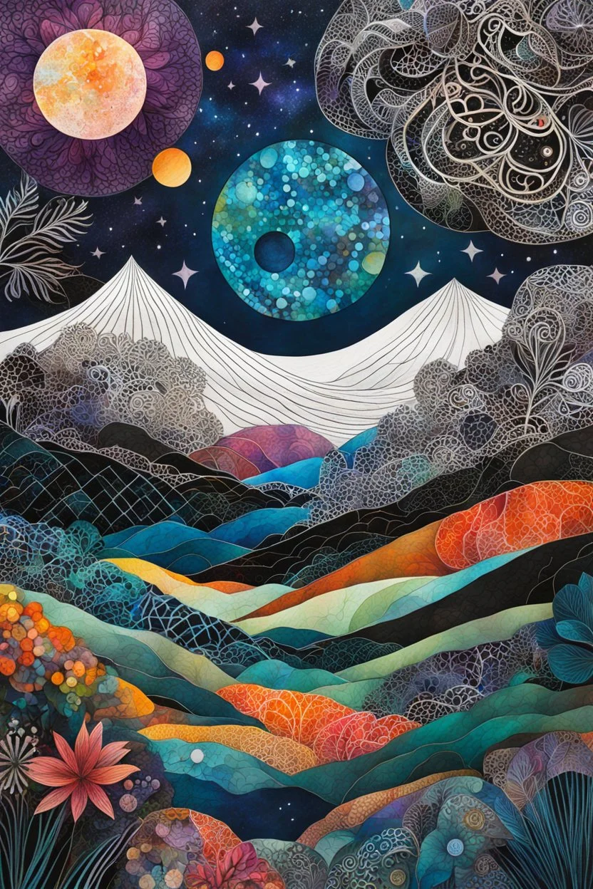 abstract paper collage overlayed with Zentangle patterns that depicts the vastly diverse landscape of Nature beneath an ethereal, cosmic night sky, highly detailed, vibrant natural color, with bold ink outlining