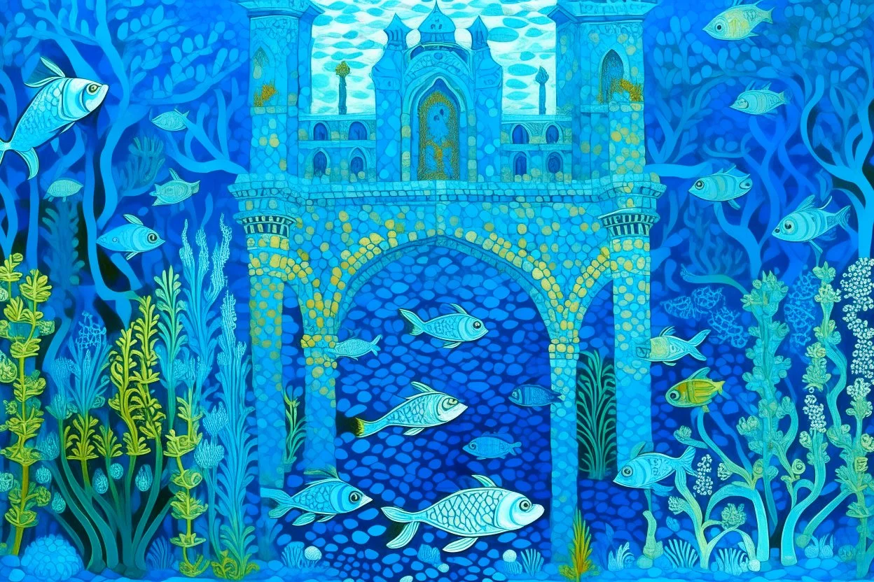 A blue underwater kingdom with fish and merfolk designed in ancient Roman mosaics painted by Alfred Sisley