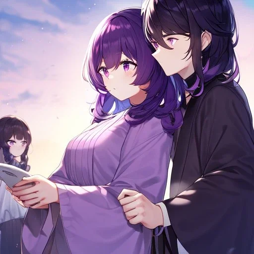 Clear focus, High resolution, Rough line, dark purple hair, one side has long wavy locks while the other does not, purple eyes with pink at the bottom, light purple shirt, sleeve_1-short sleeved, sleeve_2-long sleeve, sleeve_2 has black long sleeve under sleeve_2, wearing a kimono with a red obi belt, wearing a light purple short skirt and long black socks, and red sandles