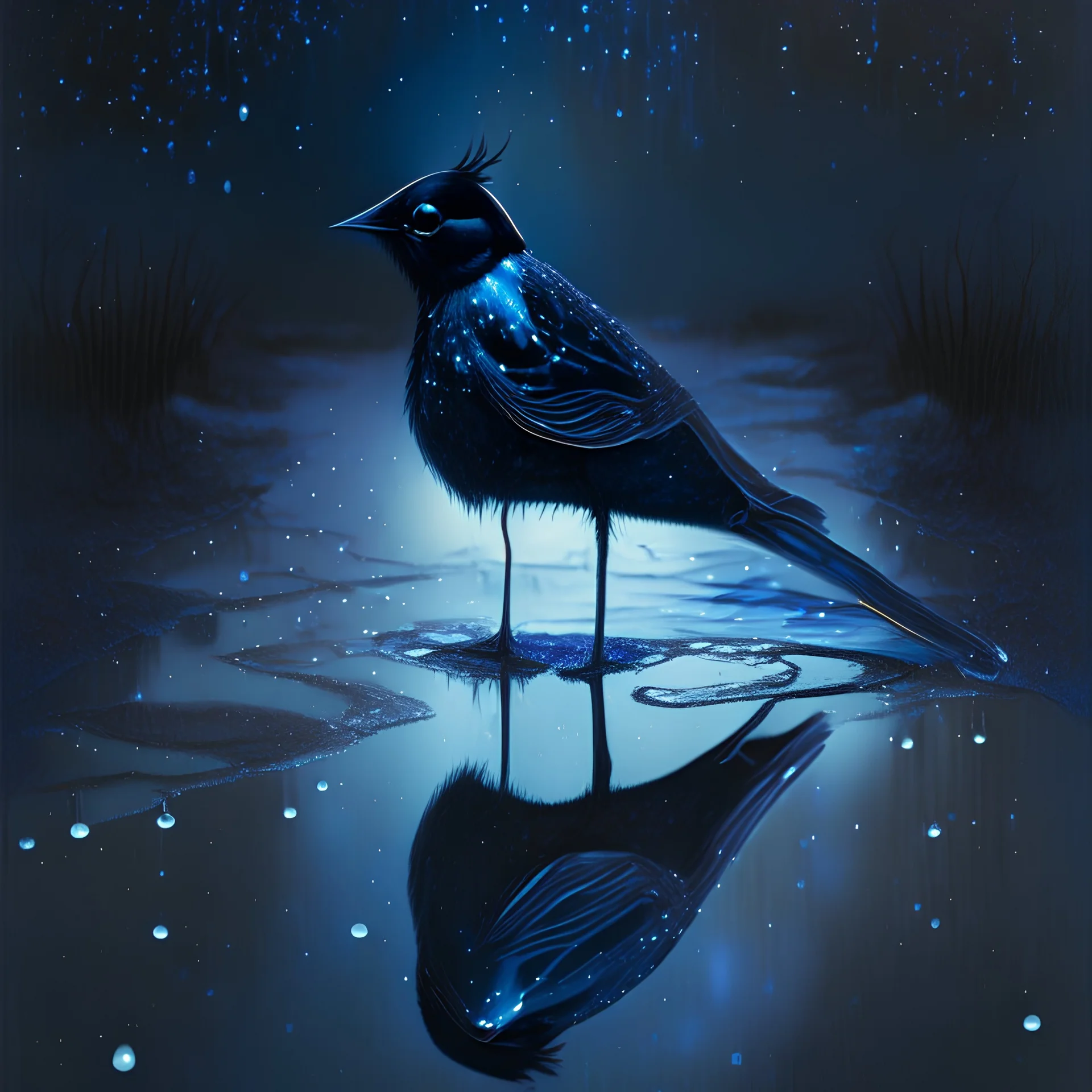 a black wagtail bird with long piek and long legs standing on puddle, reflection, dark blue glowing light, fantasy, magic, dark, stars, sparkle