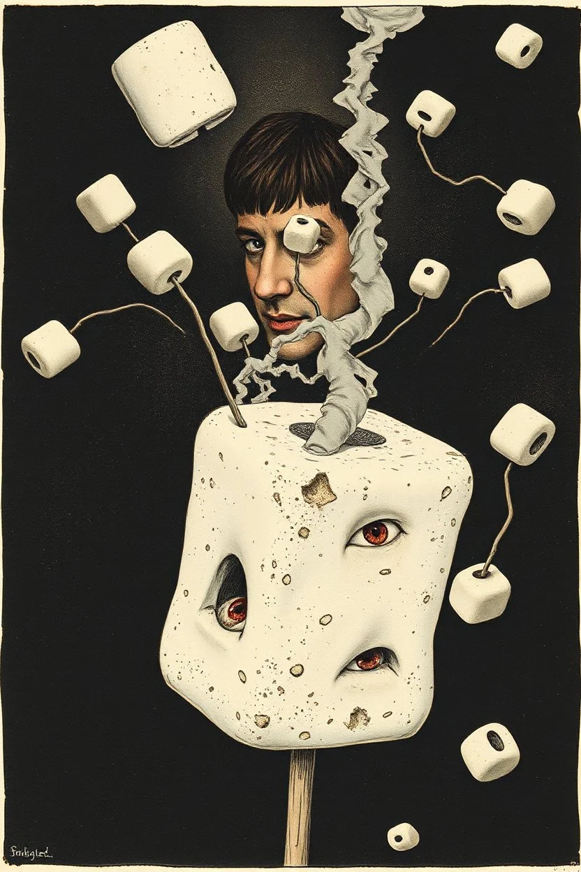 predictive demoralization marshmallow test, surreal, metaphoric, minimal, fragmented illustrated collage, 3 stages of grief, by Dave McKean and Junji Ito