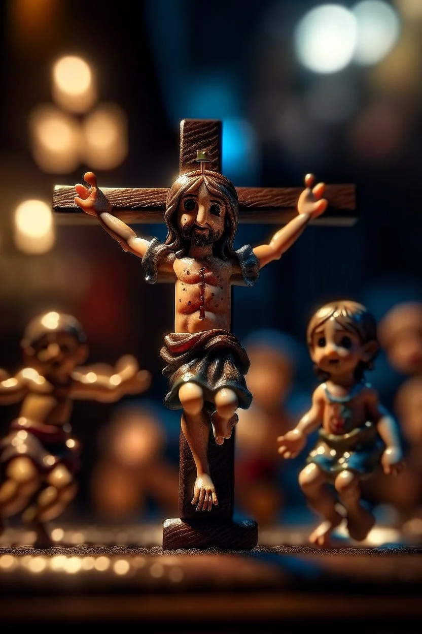 tiny Jesus on a cross like a boss with eyes like spotlights and children swinging , photo-realistic, shot on Hasselblad h6d-400c, zeiss prime lens, bokeh like f/0.8, tilt-shift lens 8k, high detail, smooth render, down-light, unreal engine 5, cinema 4d, HDR