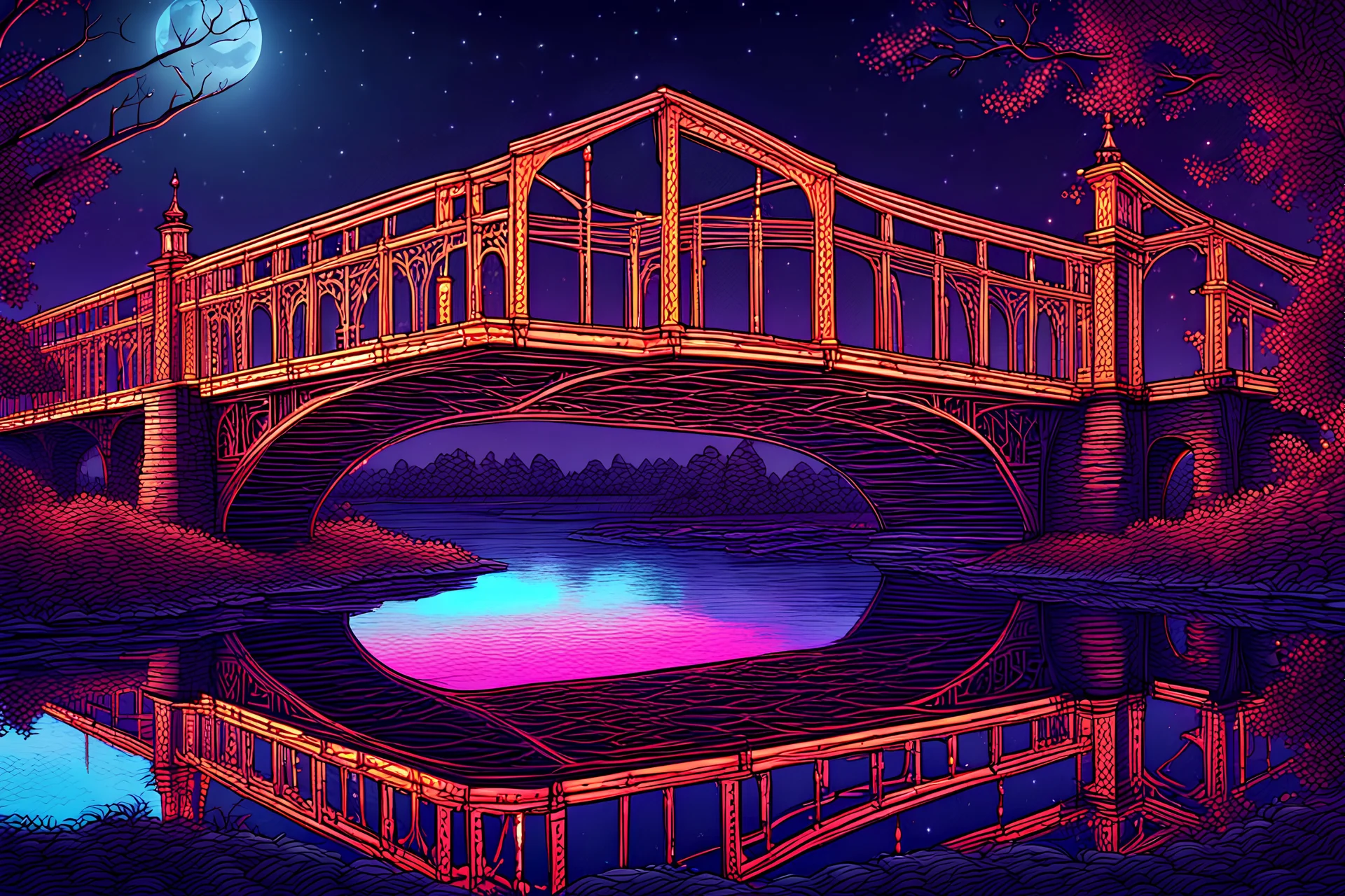 The Sarps Bridge at night :: 8k 3D, hyperdetailed , intricately detailed , Unreal Engine 5, maximalist , airbrush art , pencil sketch , mixed media , radiant , triadic colors , award winning, crisp quality, HDR, cel-shaded, centered