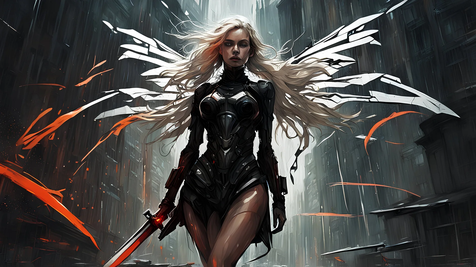 biomechanical women, beautiful, cyberpunk, dusty blonde, short square, large biomechanical black wings, sword, cybernetic, dynamic pose, rain, wind, ashes, flashes of fiery threads, sketch art, fine lines, grunge, sensual, darkness, dark colors, by Raymond Swanland & Alyssa Monks & Anna Razumovskaya