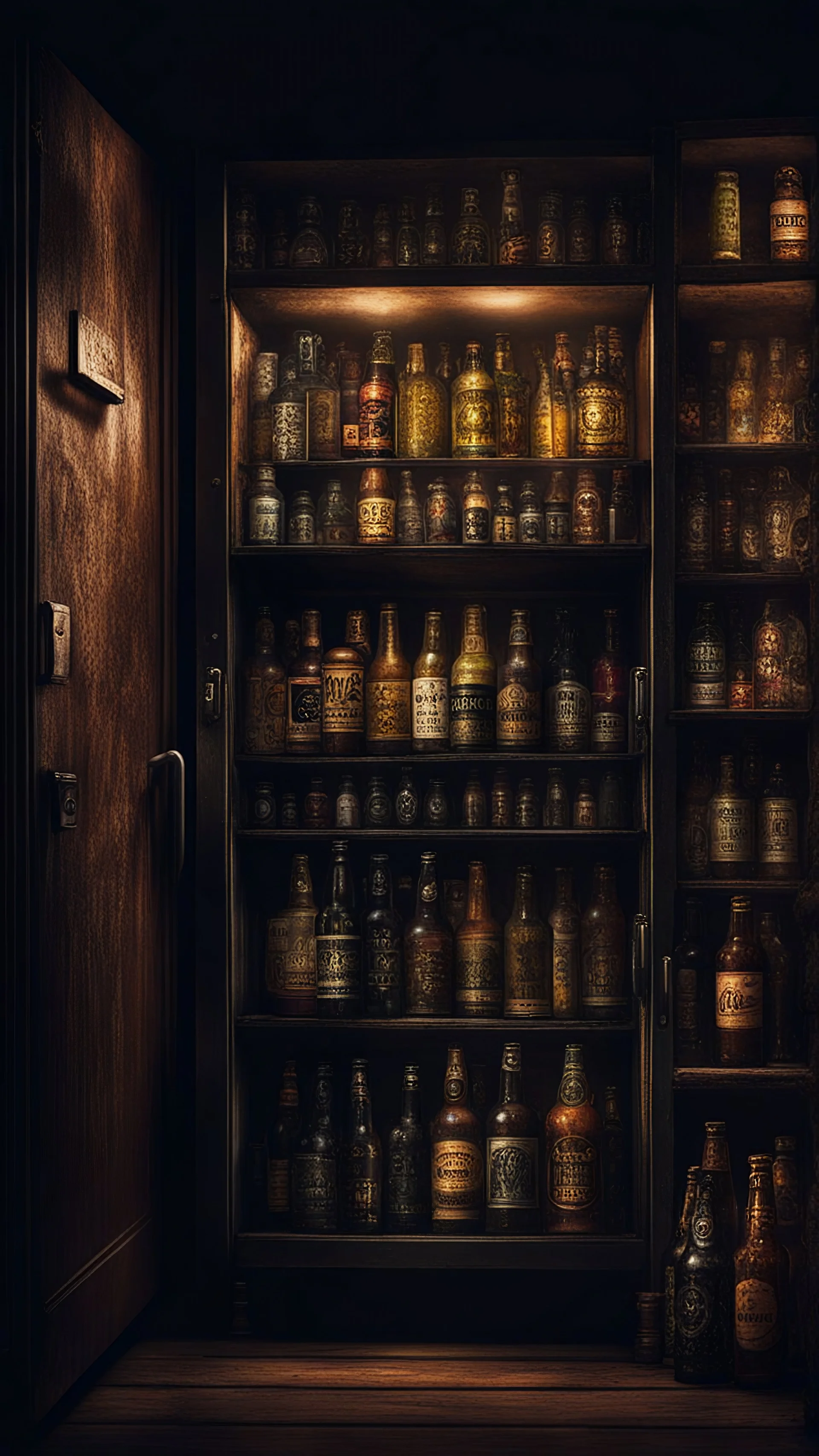 Si-Fi, The permanent under atmospheric lighting effects, a whole shelves of an open door home refrigerator filled with beer bottles , intricate historical moody atmosphere, eerie grimdark ambiance, complex motherboard accents, speculative fiction art. Bokeh
