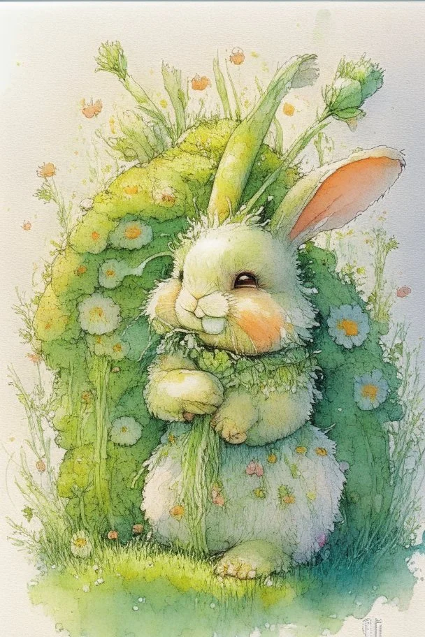 a cheerful cute furry fluffy chibi bunny holding a beautiful big carrot with the green on the green field with flowers S<AI by Jean-Baptiste Monge, watercolor and ink, intricate details, fantasy, beautiful, award winning, colorful, fantastic view, crisp quality, in sunshine