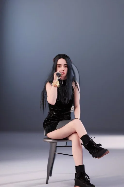 Billie Eilish, sitting on a chair, Black Short Dress, high detail, realistic, 8k