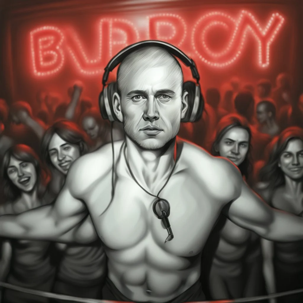 very easy simple sketchy lead graphite pencil drawing of an man at trance dance floor, black and white picture, no color just B/W, white background, black pencil, NO COLOR! NO COLOR! Fedor Federov style Lead pencil, black and white art
