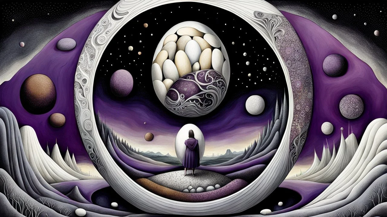 inner world ,a nonbinary human figure crouched in the middle of a multi-layered thick egg, the outer material of the egg is cracked, , weird whimsical landscape, dark purple, gray, black, white, brown. Whimsical style of Chagall , of Minjae Lee and Anton Semenov, lonely with absurd beauty. broken, weird bizarre absurd nightmare, neuron network background, surreal vibe