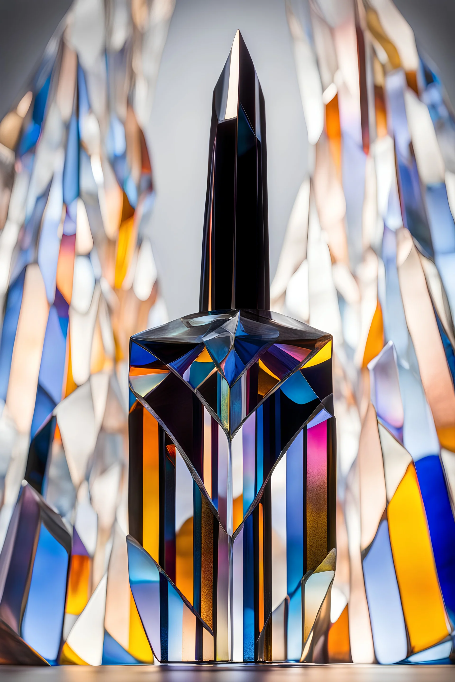 a multicolored, stained, spectral, glass fragment, prism, 3D sculpture, Batman