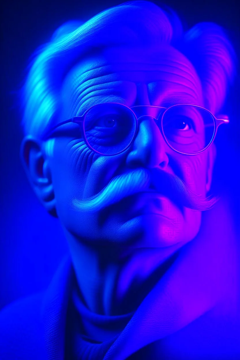 lightning strikes, abstract, high quality, UHD, Luminous Studio graphics engine, violet, cyan, octane render, cloudy haze, fiery members, old man Carl Gustav Jung with glasses and mustache portrait