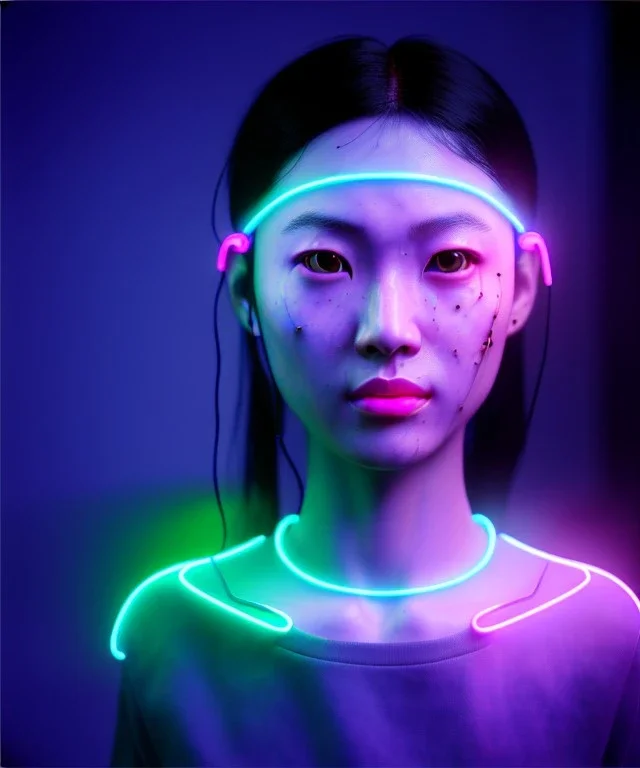 Ultra realistic photographic night portrait, cinematic, <Asian woman> many wires coming out of the head <perfect pupil><glow eye> <cyborg arm> <garage> <wide angle Shot> <retro futuristic> <thriller>, neon lights, color fog, soft color, highly detailed, unreal engine 5, ray tracing, RTX, lumen lighting, ultra detail, volumetric lighting, high definition.