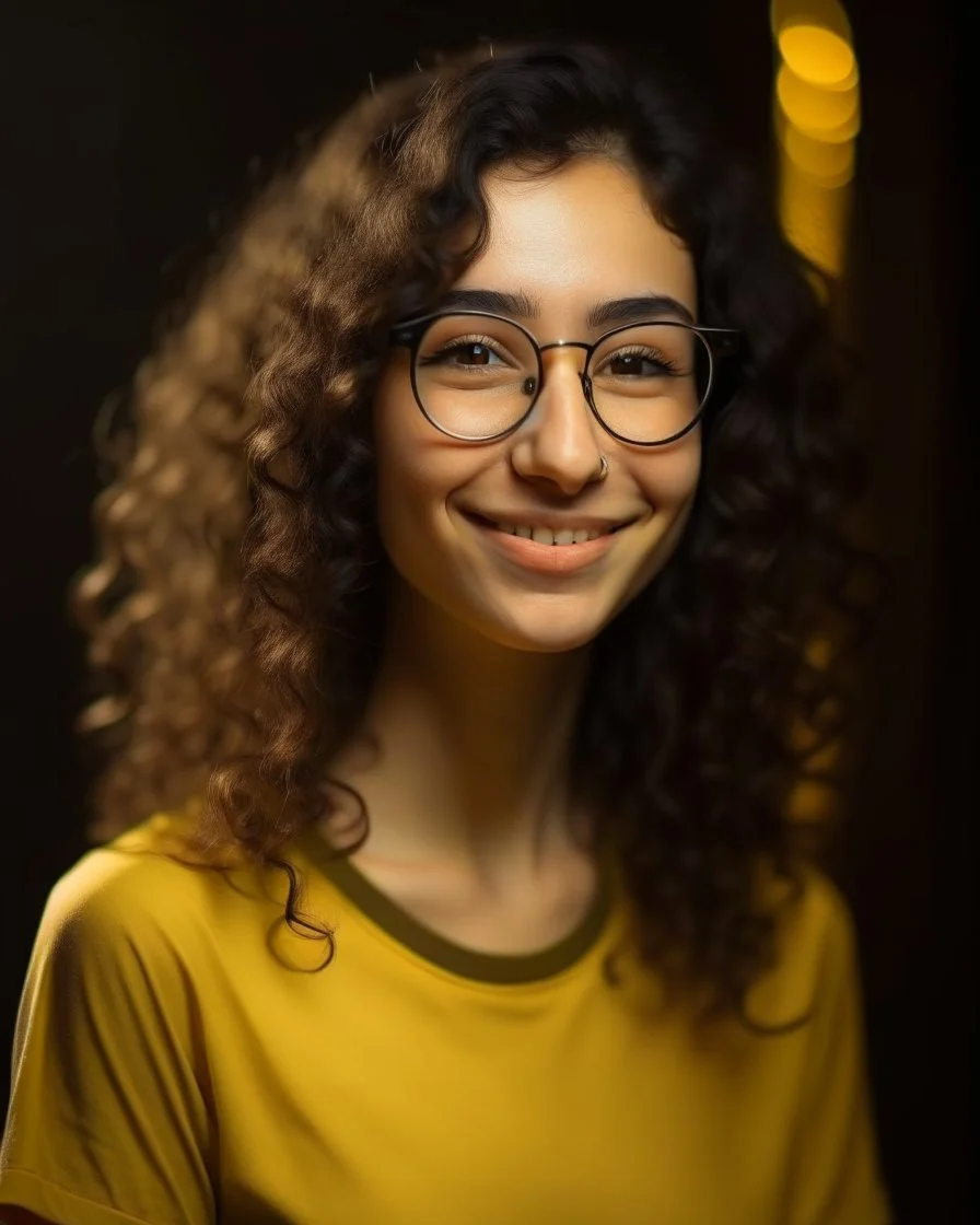 Jeune femme au sourire éclatant, longue et élancée, petit nez, cheveux noirs, longs, bouclés et volumineux, porte de grandes lunettes rondes à la monture transparente. Elle porte un t-shirt de couleur jaune moutarde avec une chemise florale transparente. Rembrandt style lighting, 8k, portrait, HD.