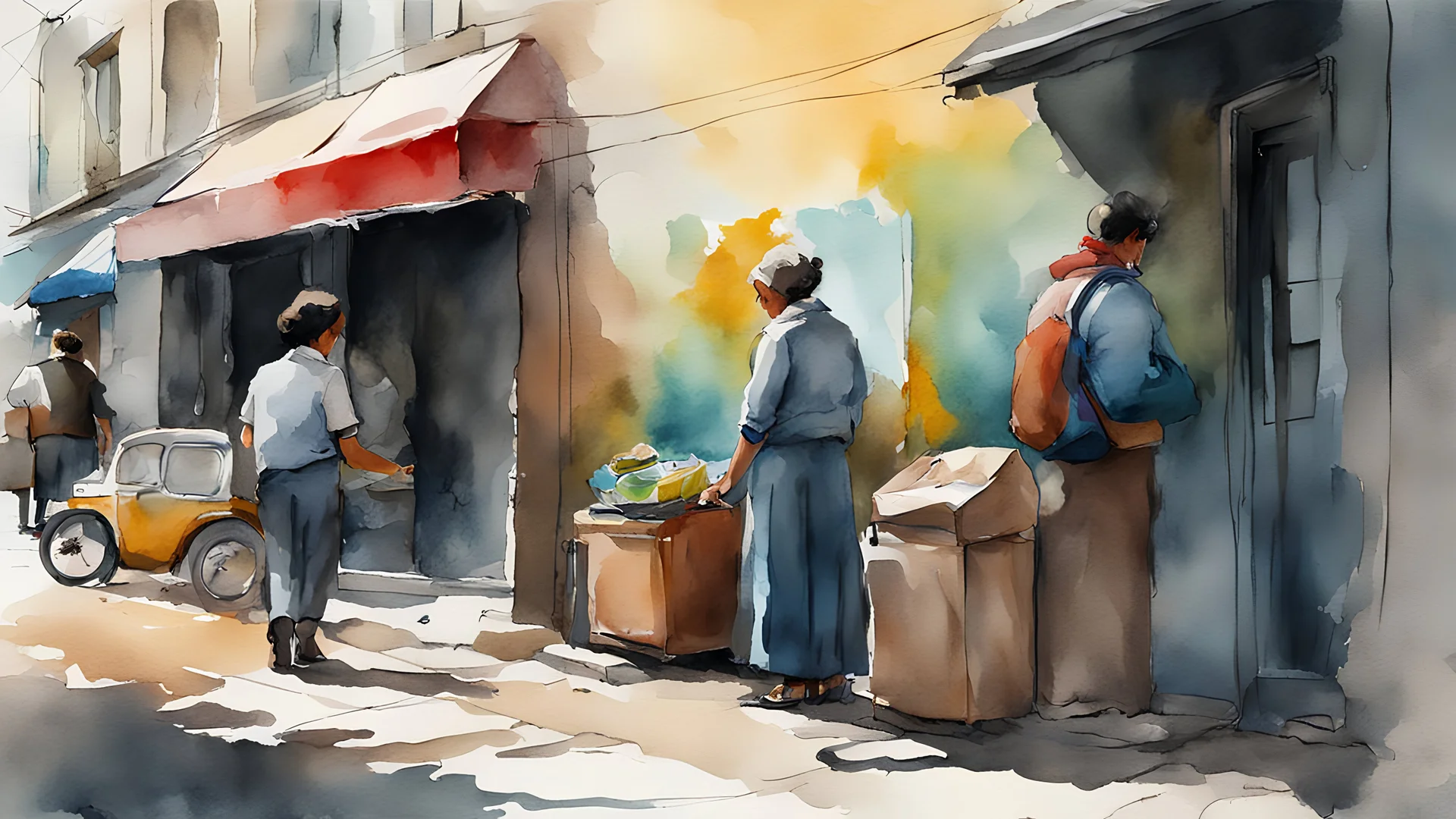 water color, painting, digital painting, Iran, Side walk. salesman woman's by the street