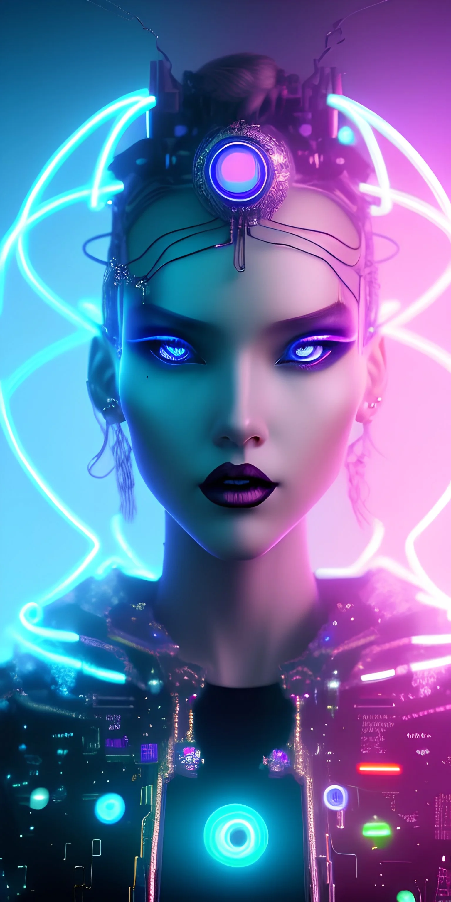 Create an image of a young cyberwitch standing on a neon-lit street corner, with her face half-obscured by the hood of her black cloak. In one hand, she holds a glowing orb, and in the other hand, she wields a stylized wand made of circuit boards and wires. Behind her, the walls are covered in graffiti that reads "hack the planet" and "power to the witches". The scene is bathed in the glow of neon lights and the flickering of computer screens.