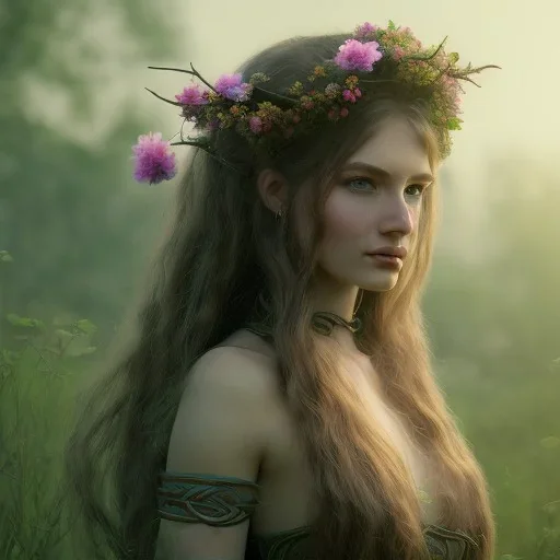 A beautiful female celtic druid with hair made out of flowers, digital art, HD, 8k, high definition, very high quality, detailed eyes, nature, druid, fantasy