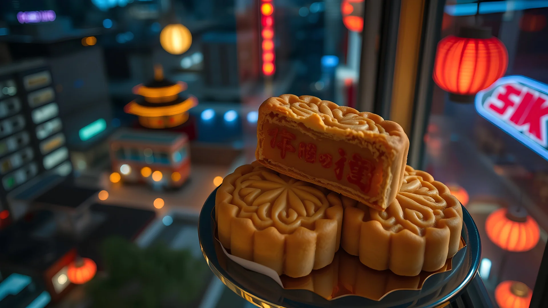 the wonderful chinese mooncakes ,45 degrees top view,neon lights,life style,Close Shot, middle shot, long shot,by window,night,Foreground Blur,cyberpunk,clean