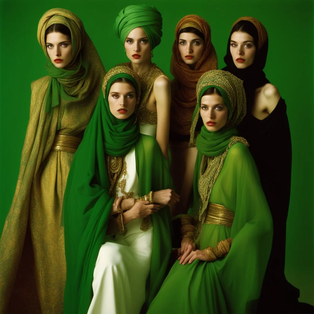 A fashion photography of a group wearing traditional Middle Eastern , in a white studio with a green scarf around the head and a long skirt, posing for Vogue magazine in the style of James Bidgood photographed in the style of Tim Walker. --ar 101:128 --v 6. 0