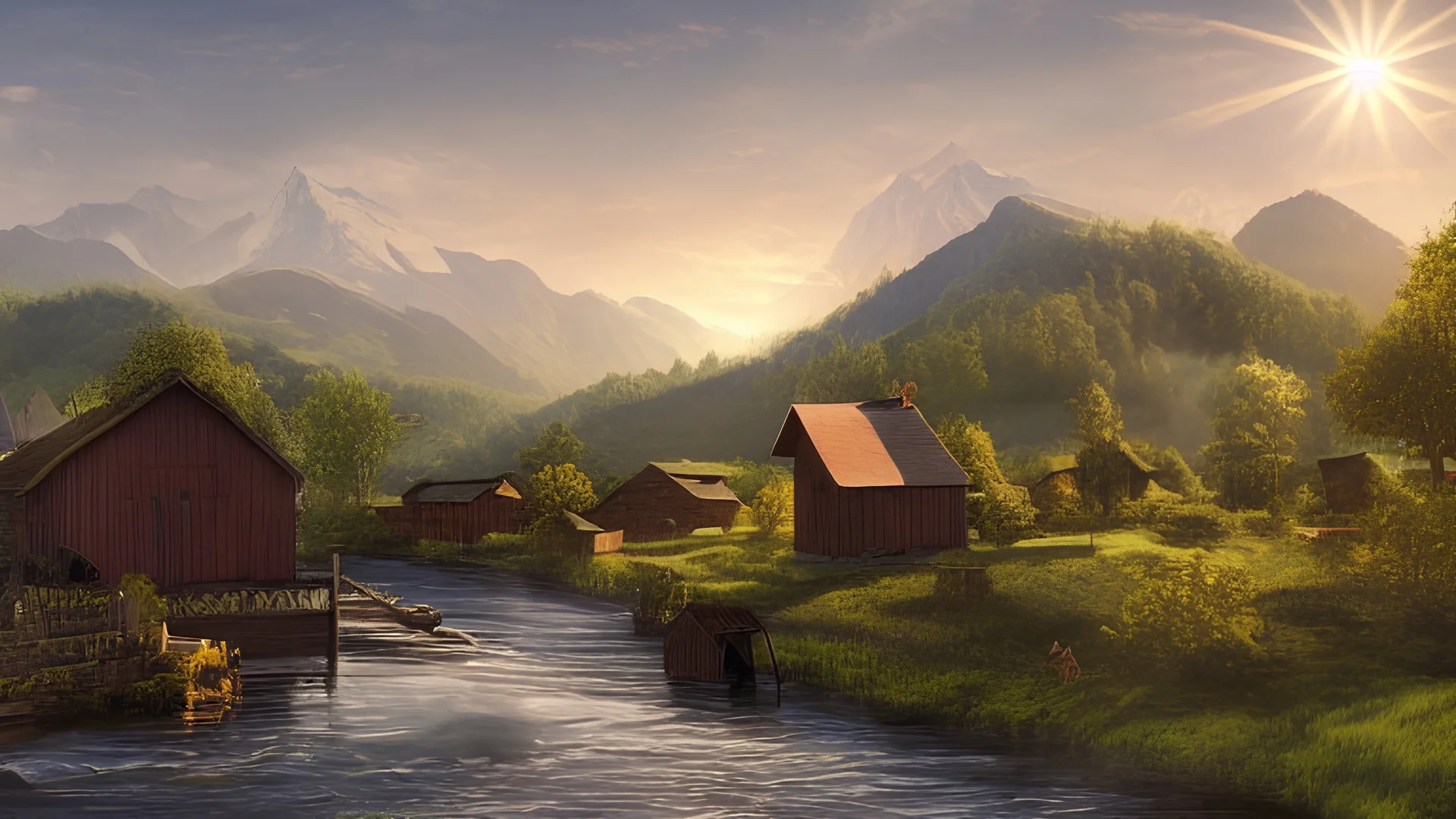 Looking across a torrential dangerous river to a village of new wooden houses, circular wooden church, and farm buildings, and mountains in the far distance, highly detailed, realistic, sunshine, RTX