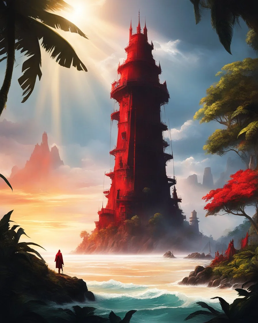 heroic fantasy, on an island beach and jungle: The weight of the moment hangs in the air as the crimson evil tower stands round and fun, a fortress of hope for the people of the Fonga Leaf. The sun's rays signals the time for a new master to emerge. The anticipation swells among the gathered crowd, their eyes fixed upon the tower, awaiting the arrival of the chosen one.