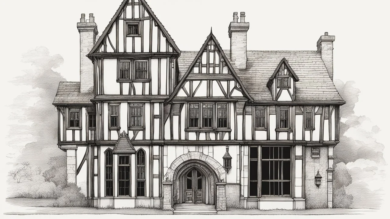 A detailed ink illustration of a front elevation of a Tudor fantasy house, with tall chimneys and roofs.