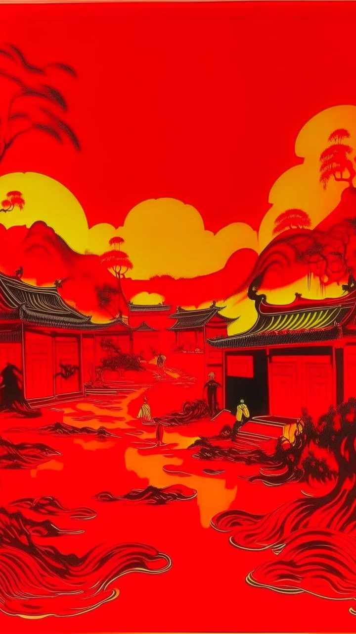 A red fiery Chinese royal village painted by Andy Warhol