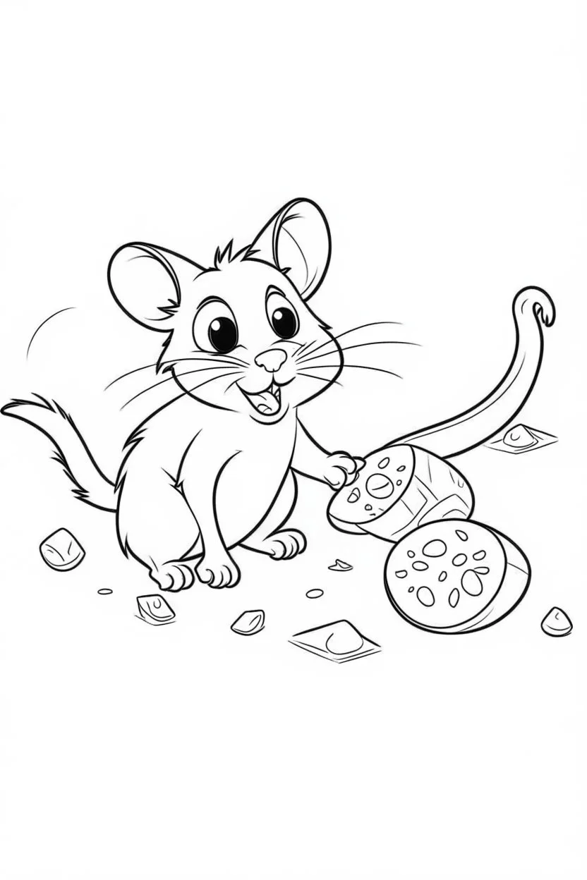 a cartoon of a cat chasing after a mouse with cheese. no color. thin crisp line. no shading. coloring book.kids