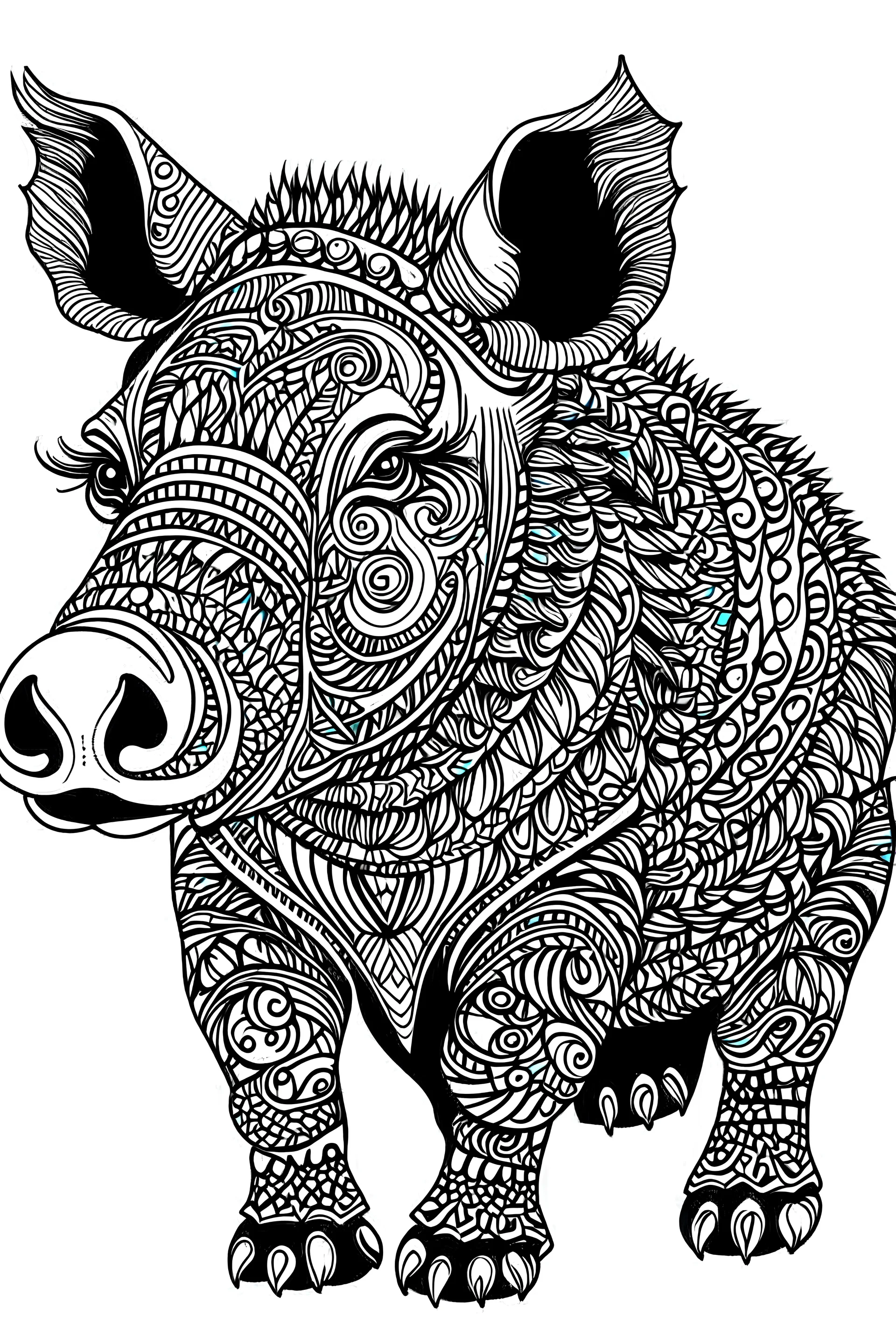 mandala rhinocéros : black and white with white background.