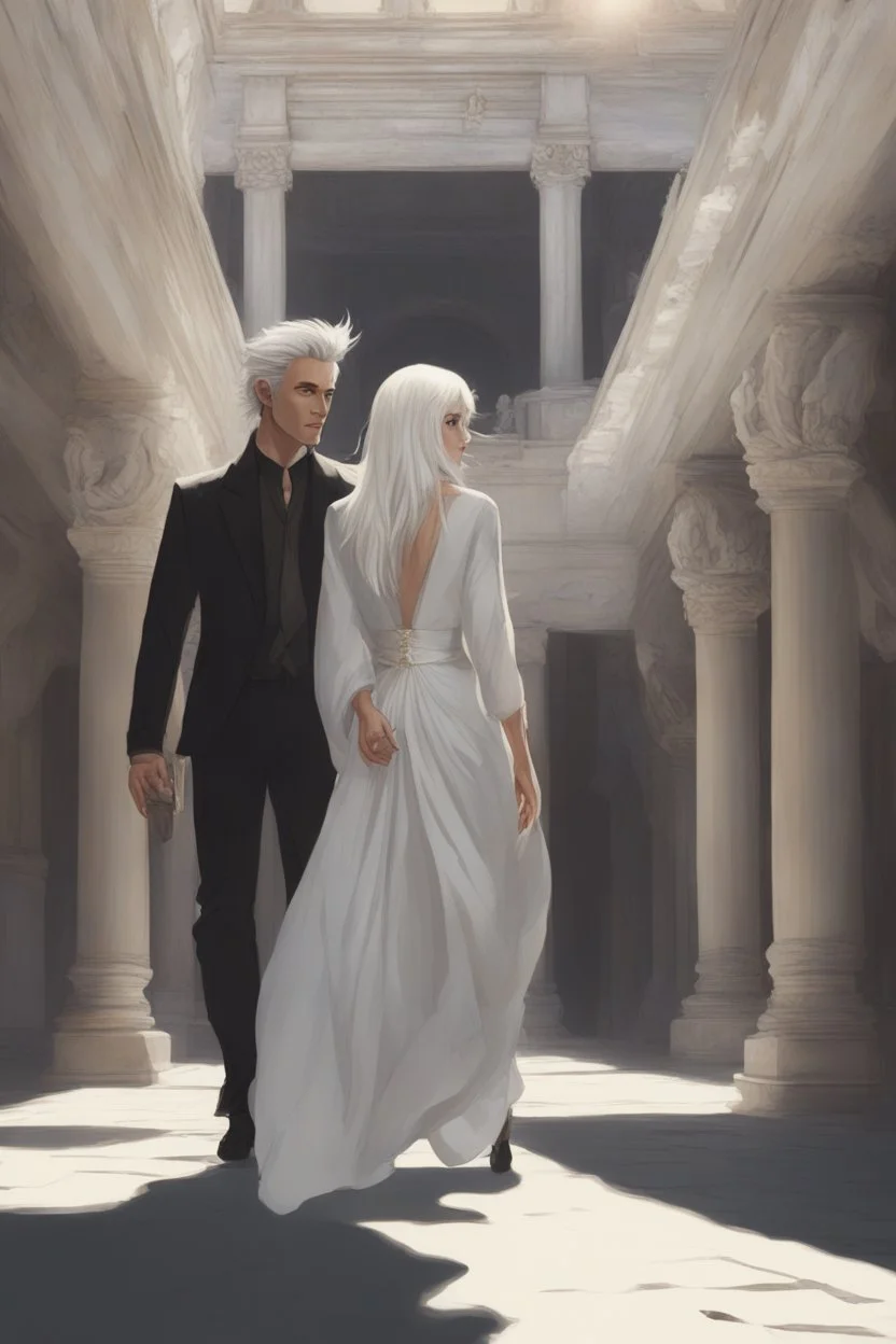 Woman with white hair wearing a white dress, walking down a sunlit stone hall, AND a handsome man in the background lurking in the shadows with long black hair