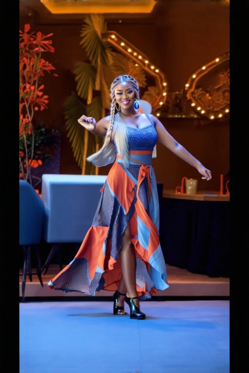 full body of very beautiful lady midi blue skirt and orange bluse , Braided hair ,standing idle happy pose in studio pretty makeup