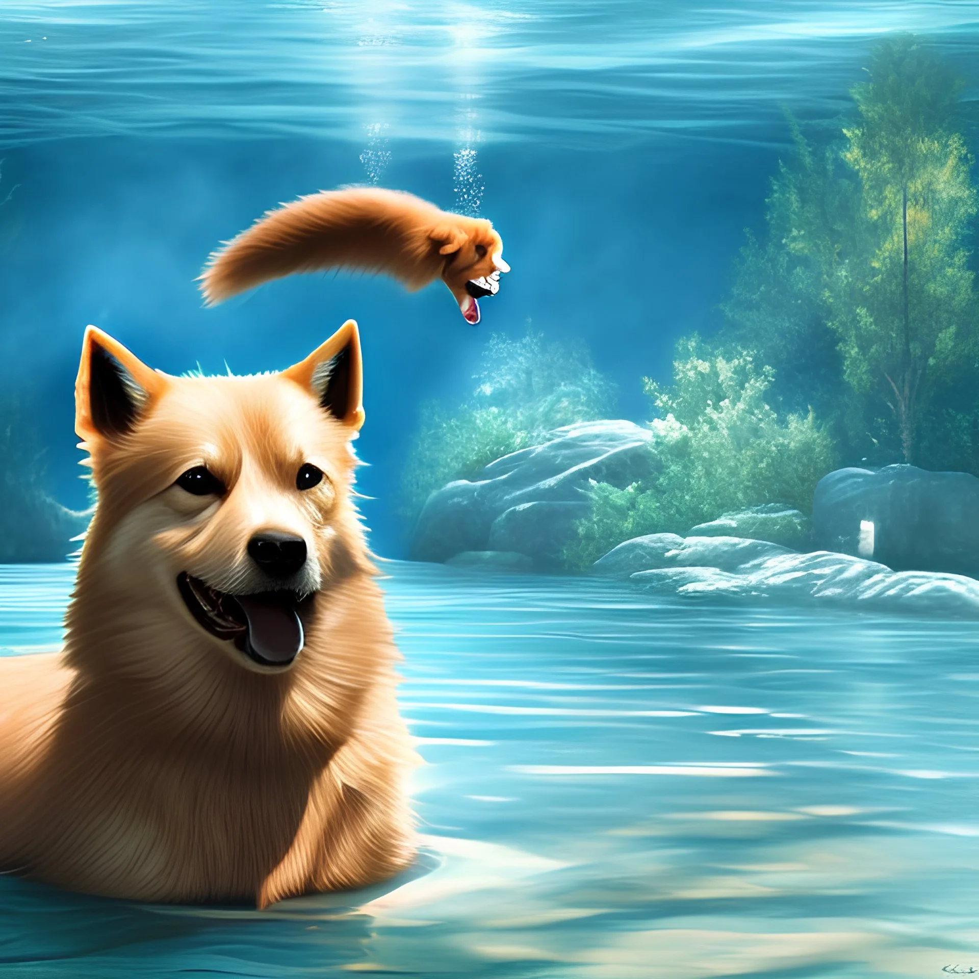 finnish spitz brown swimming in a pool, detailed, RTX, fantasy, 8K