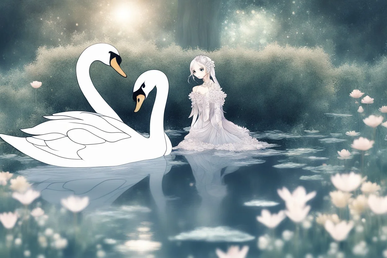 beautiful swan and cute chibi princess in a flowergarden with beautiful flowers, pond, in sunshine, H.R. Giger, anime, steampunk, surreal, watercolor and black in outlines, golden glitter, ethereal, cinematic postprocessing, bokeh, dof