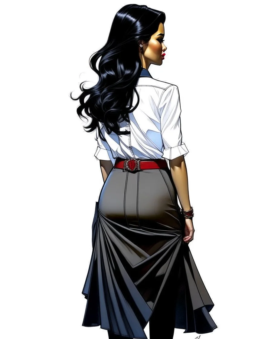 Drawing of a well-dressed Latina woman with a full shirt and long skirt, with long loose straight hair, brown, completely with her back to the camera, face completely with her back to the camera, (((face cannot be seen))), with head tilted very forward looking at navel