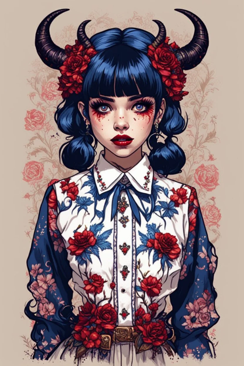 wears a smart shirt which is embroidered with bluered flowers and ornaments, has dark eyes and horns,Poster in two gradually, a one side malevolent goth vampire girl face and other side the Singer Melanie Martinez face, full body, painting 90's movie , pixel art , for a retro gaming 2D style by Yoji Shinkawa, darkblue and sepia tones,