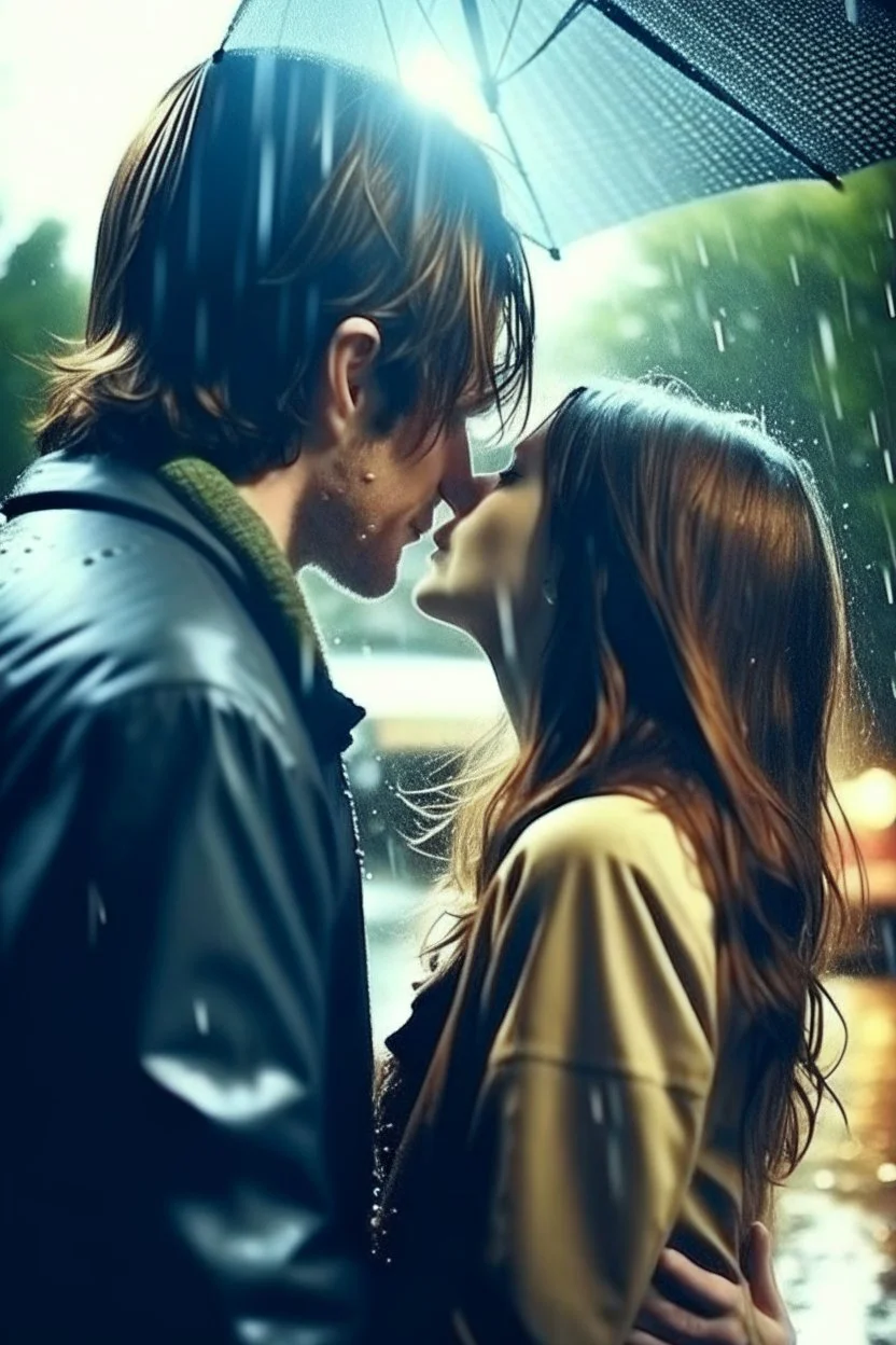 Rain, romantic couple, kissing, love, beautiful