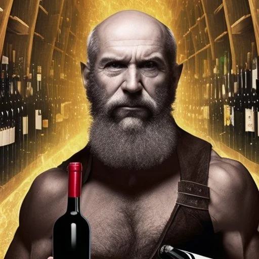 burly ugly 58 year old man bald with short beard and tank top manly chest chooses a bottle of wine in a cellar full of wine bottles dramatic light angry eyes highly detailed