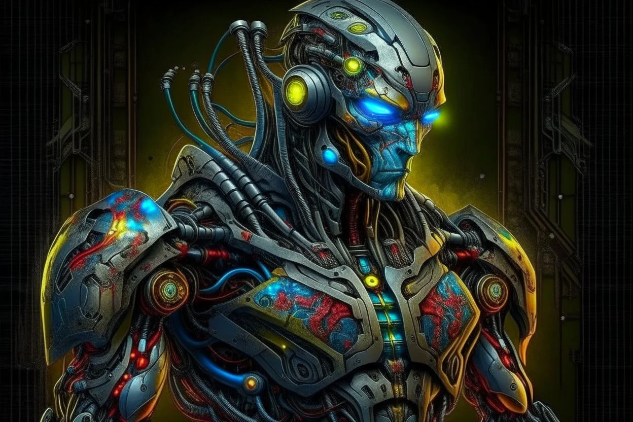 Futuristic cyborg warrior in a post-apocalyptic wasteland, biomechanical armor, blending organic musculature with advanced technology, fierce and powerful stance. Style of Alex Grey, Patrice Murciano, and Carlo Crivelli, vivid and bold colors, surreal and intricate patterns, vivid, powerful, stark contrast, post-human, cybernetics, resilience, dynamic, hyper-realistic, intense expression