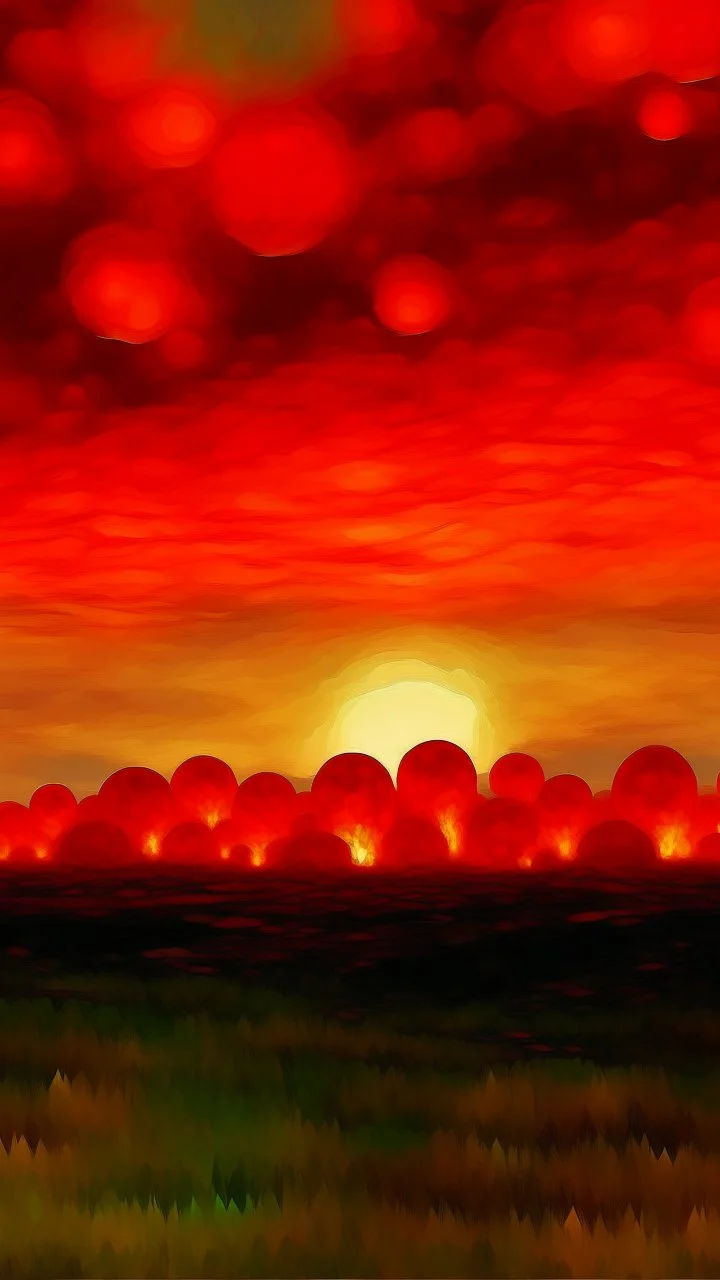 A red fiery sky with fireballs painted by Jeffrey Kolker