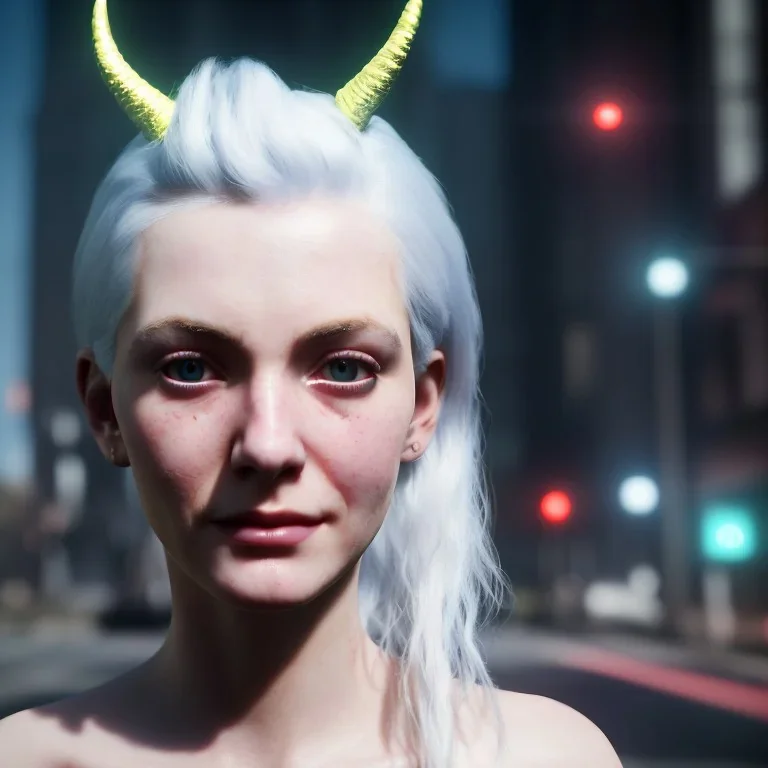 A medium-close-up shot of a young, white-haired nymph woman with horns standing on a sidewalk in a cyberpunk city. The woman only has one head, but also a gentle smile.