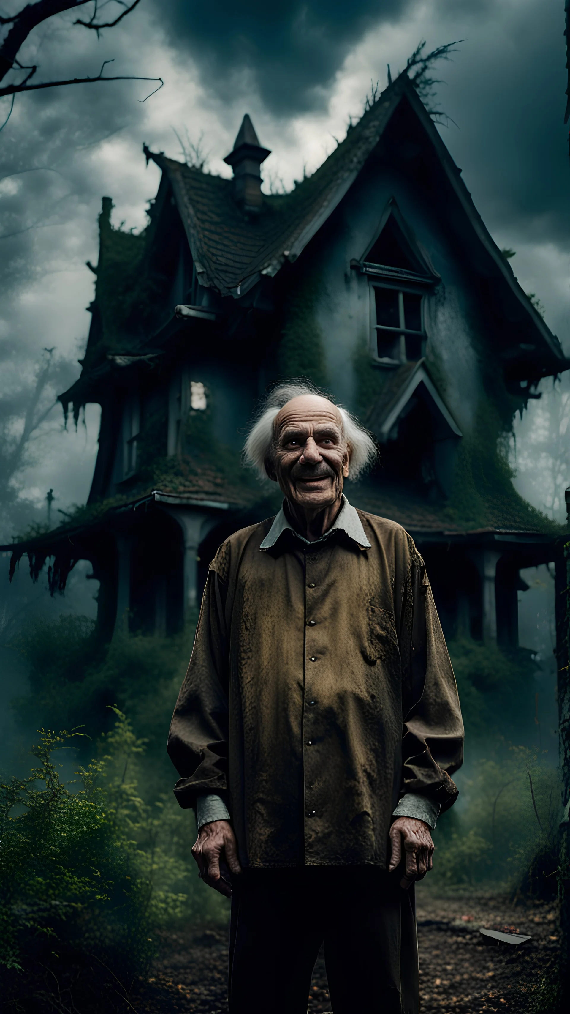 An overgrown grandfather with smile in a forester costume stands in front of a creepy haunted house, the atmosphere of a HORROR FILM, dark clouds