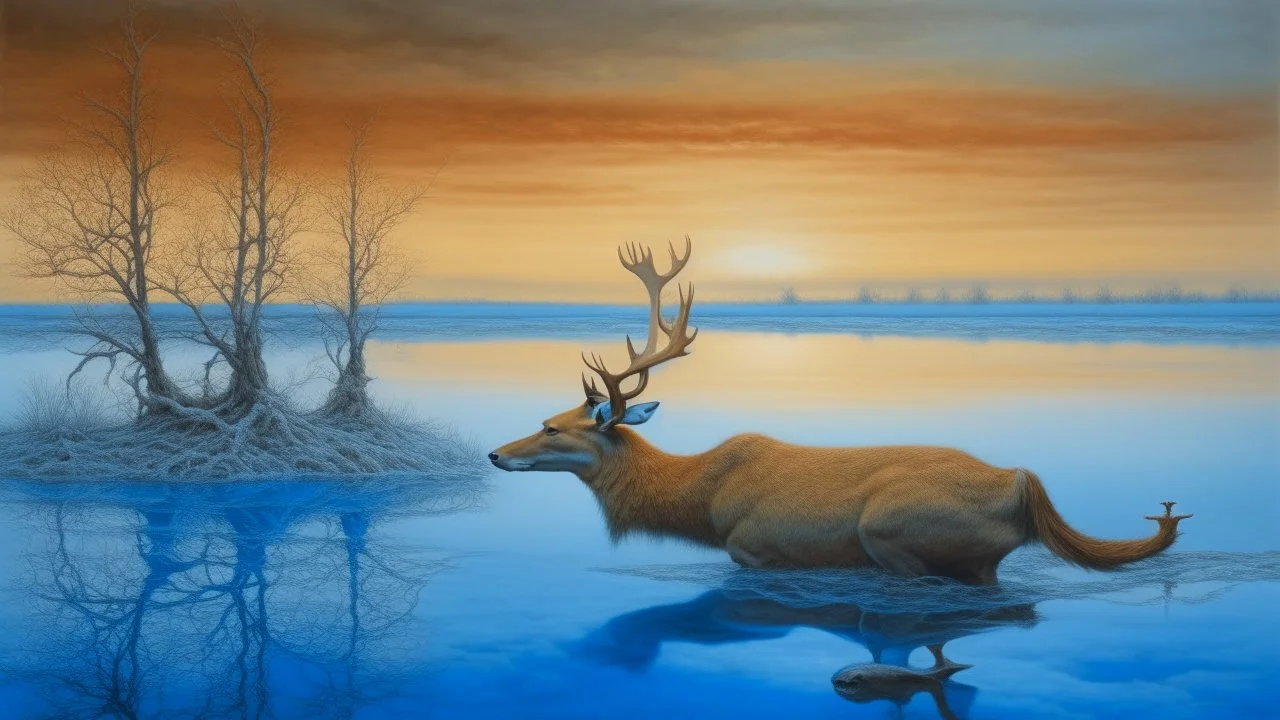 Cuerpo metamórfico recostado sobre una losa fría, mitad piel, mitad corteza, mientras un animal imposible —mezcla de ciervo y pez— observa desde un horizonte bajo; el cielo ocre se degrada hacia un azul helado, creando una tensión cromática casi religiosa.