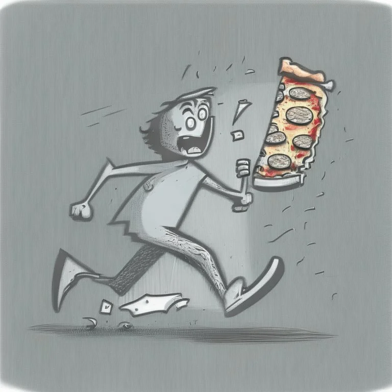 stick man running after a slice of pizza, caricature, drawing