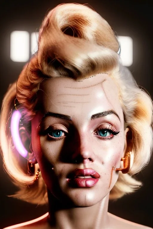 Ultra Realistic image, portrait, blonde woman, sweet Marylin Monroe face, perfect iris, glow eyes, gold makeup, wires attached to head. Steampunk style, latex coat, fog, rain, soft color, highly detailed, unreal engine 5, ray tracing, RTX, lumen lighting, ultra detail, volumetric lighting, 3d, finely drawn, high definition, high resolution.