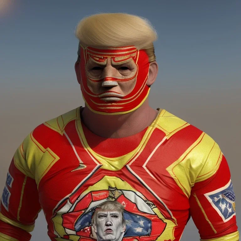 Realistic image of Donald trump wrestler, Mexican wrestling style, Mexican wrestling mask for eyes, red and blue breeches, glow us flag dress, suspenders, retro style, 80s, vibrant color, highly detailed, sky background, concept art, unreal engine 5, god rays, ray tracing, RTX, lumen lighting, ultra detail, volumetric lighting, 3d, finely drawn, high definition, high resolution.